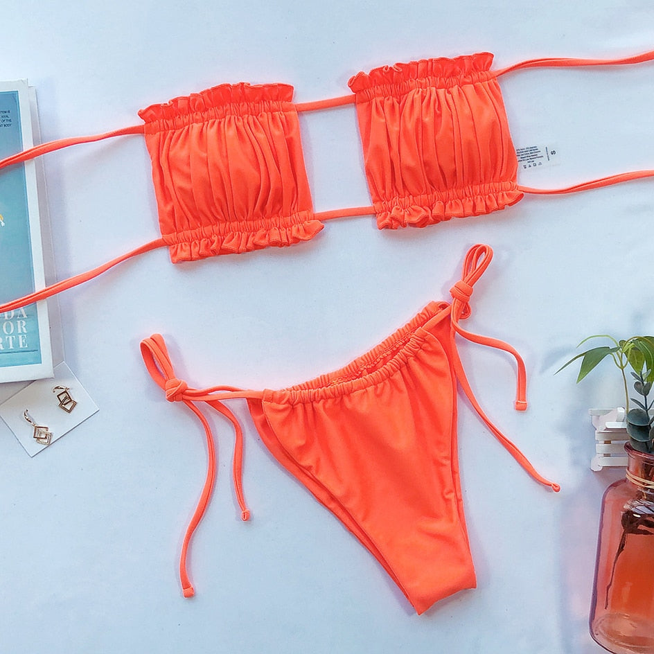 Maillot de bain bandeau plissé Upopby Micro Thong Bikini Set