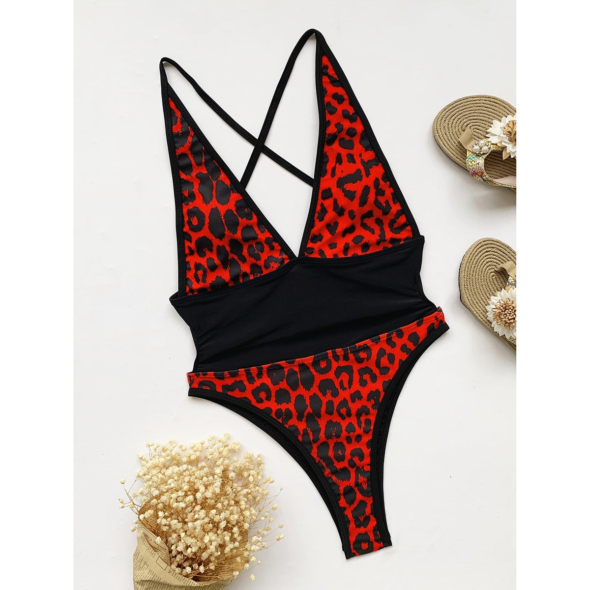 Upopby V-Neck Sexy Leopard Swimwear Belly Control One-Piece Swimsuit