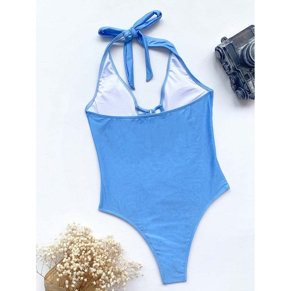 Upopby Snakeskin Halter One-Piece Swimsuit Backless Cross Swimwear