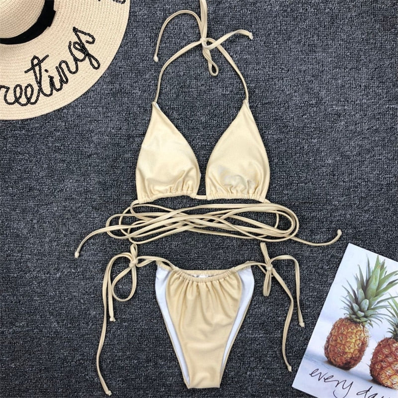 Upopby Pleated Thong Bikini String Bikini Swimsuit Set details