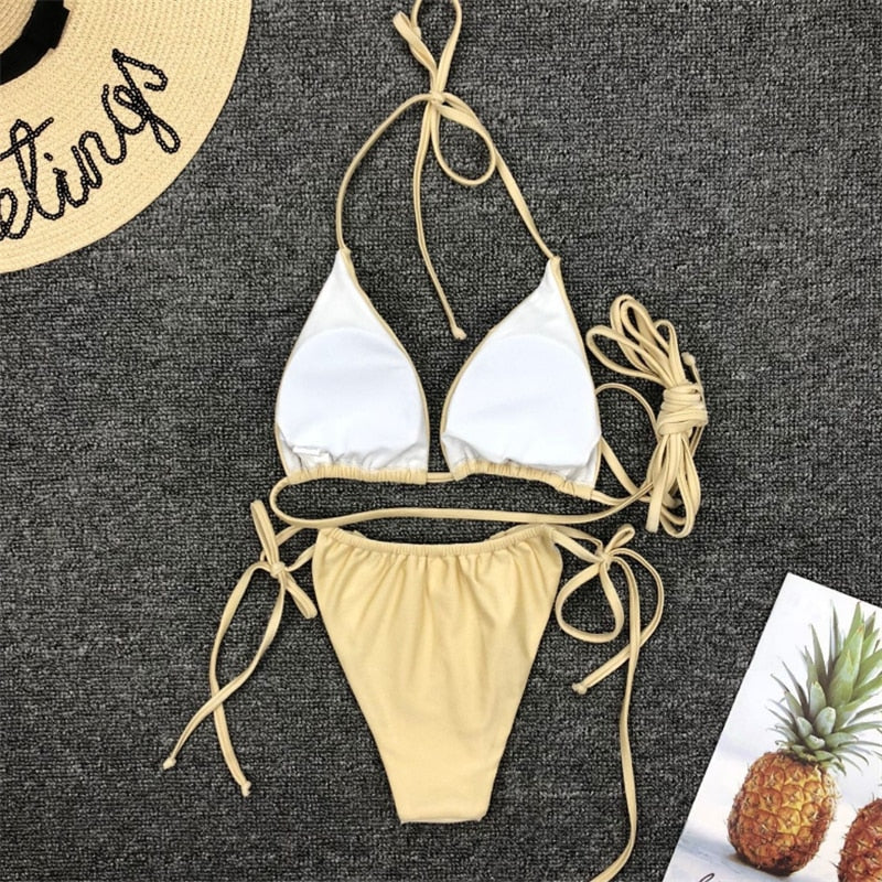 Upopby Pleated Thong Bikini String Bikini Swimsuit Set Back Details