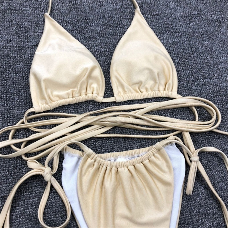 Upopby Pleated Thong Bikini String Bikini Swimsuit Set Details show
