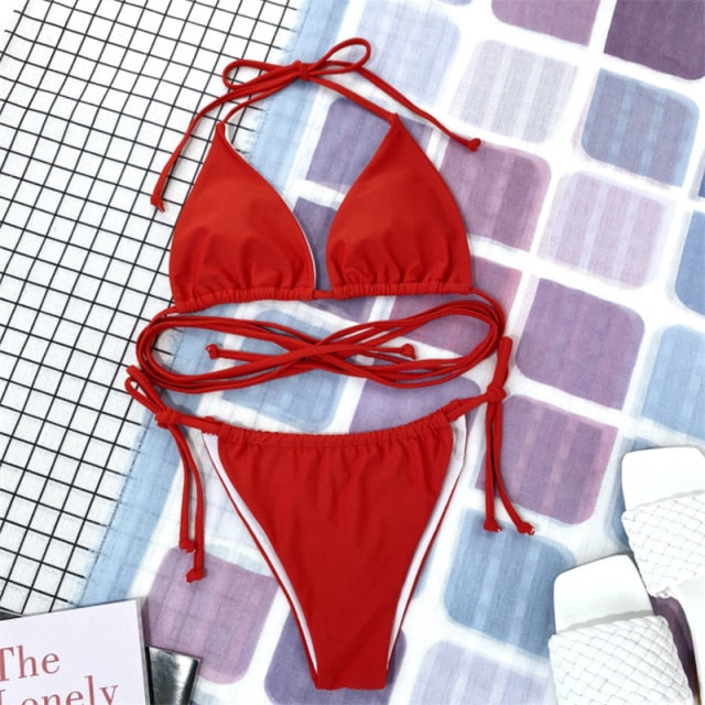Upopby Pleated Thong Bikini String Bikini Swimsuit Set Red