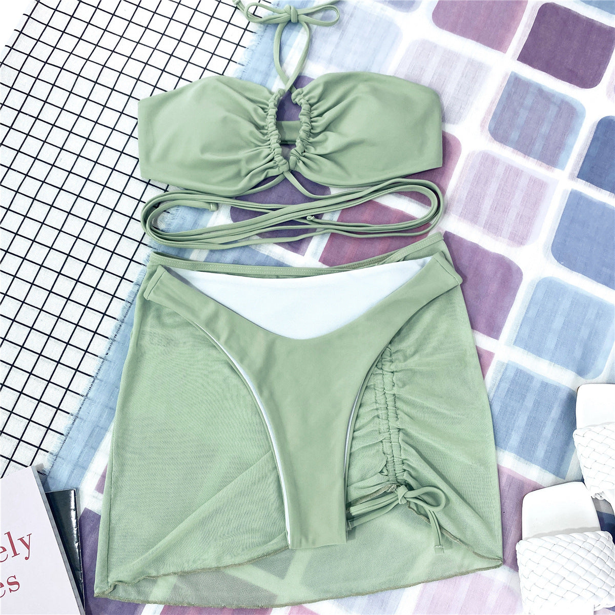 Upopby Neckholder Micro Tanga Bikini 3-teiliger Mesh-Rock-String-Badeanzug