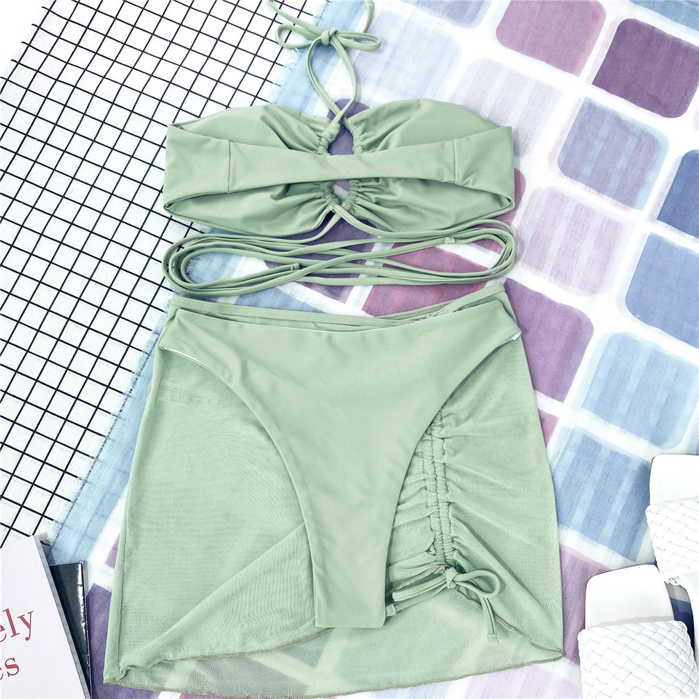 Upopby Halter Micro Thong Bikini 3-Piece Mesh Jupe String Maillot De Bain