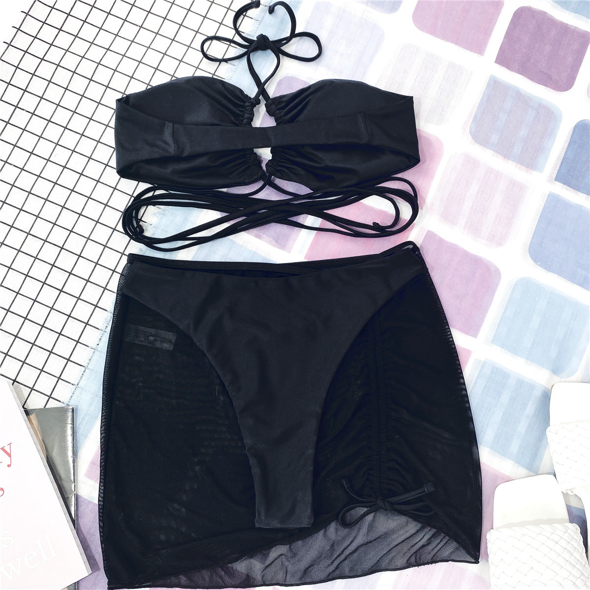 Upopby Halter Micro Thong Bikini 3-Piece Mesh Skirt String Swimsuit