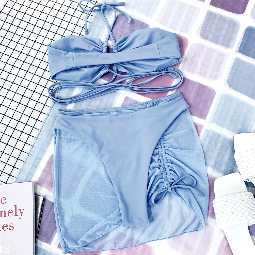 Upopby Halter Micro Thong Bikini 3-Piece Mesh Skirt String Swimsuit