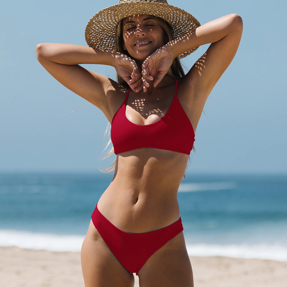 Upopby Solid String Bikini Rückenfreier Badeanzug Niedriger Taillen-Bikini-Set