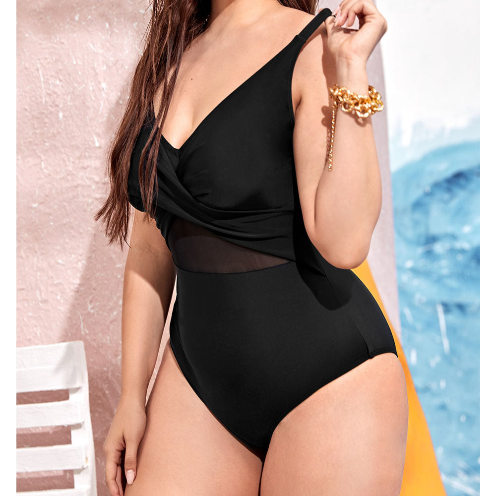 black Cross Belly Shaping One-Piece Swimsuit Plus Size
