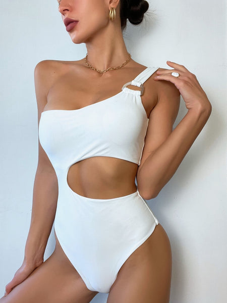 Upopby One Shoulder Side Cut Out One Piece Swimsuit white