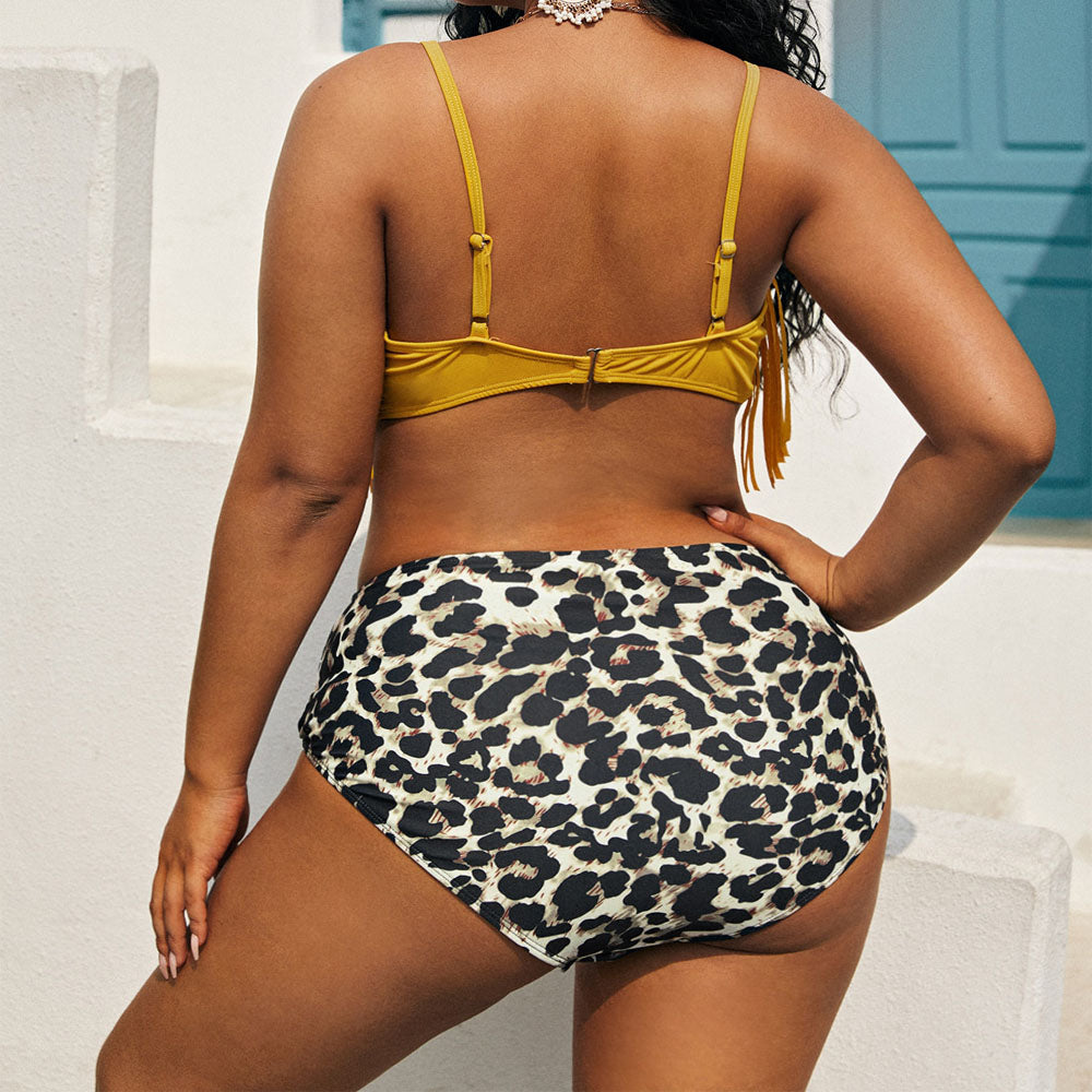 Yellow Fringed Spots Print High Waist Bikini Swimsuit back details